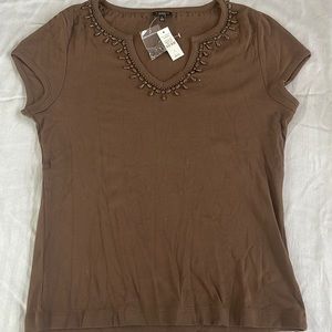 Talbots brown beaded short sleeve top NWT